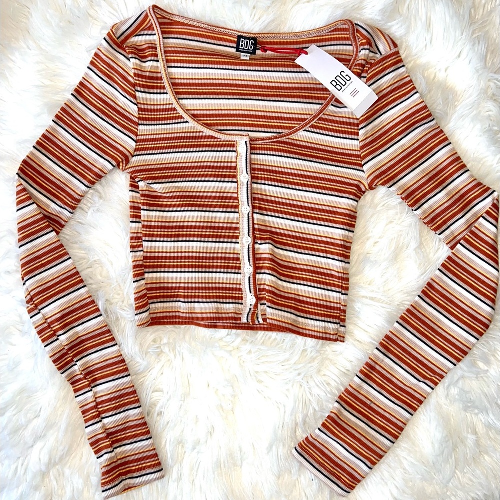 BDG brown burnt orange red and white striped long sleeve crop top NWT- M
